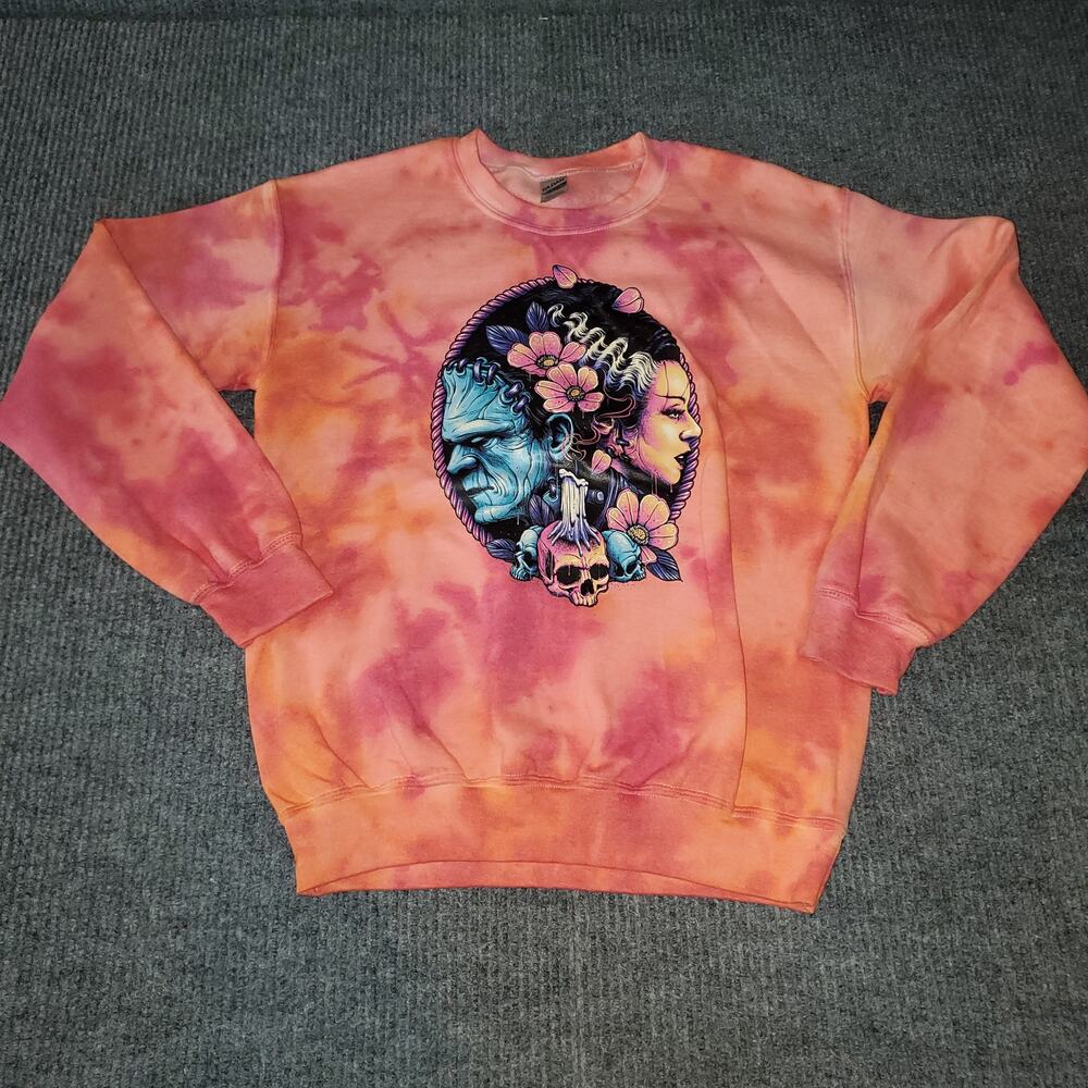 Frankenstein Bride Horror Sweatshirt Small Tie Dye Skull Floral Graphic Gildan